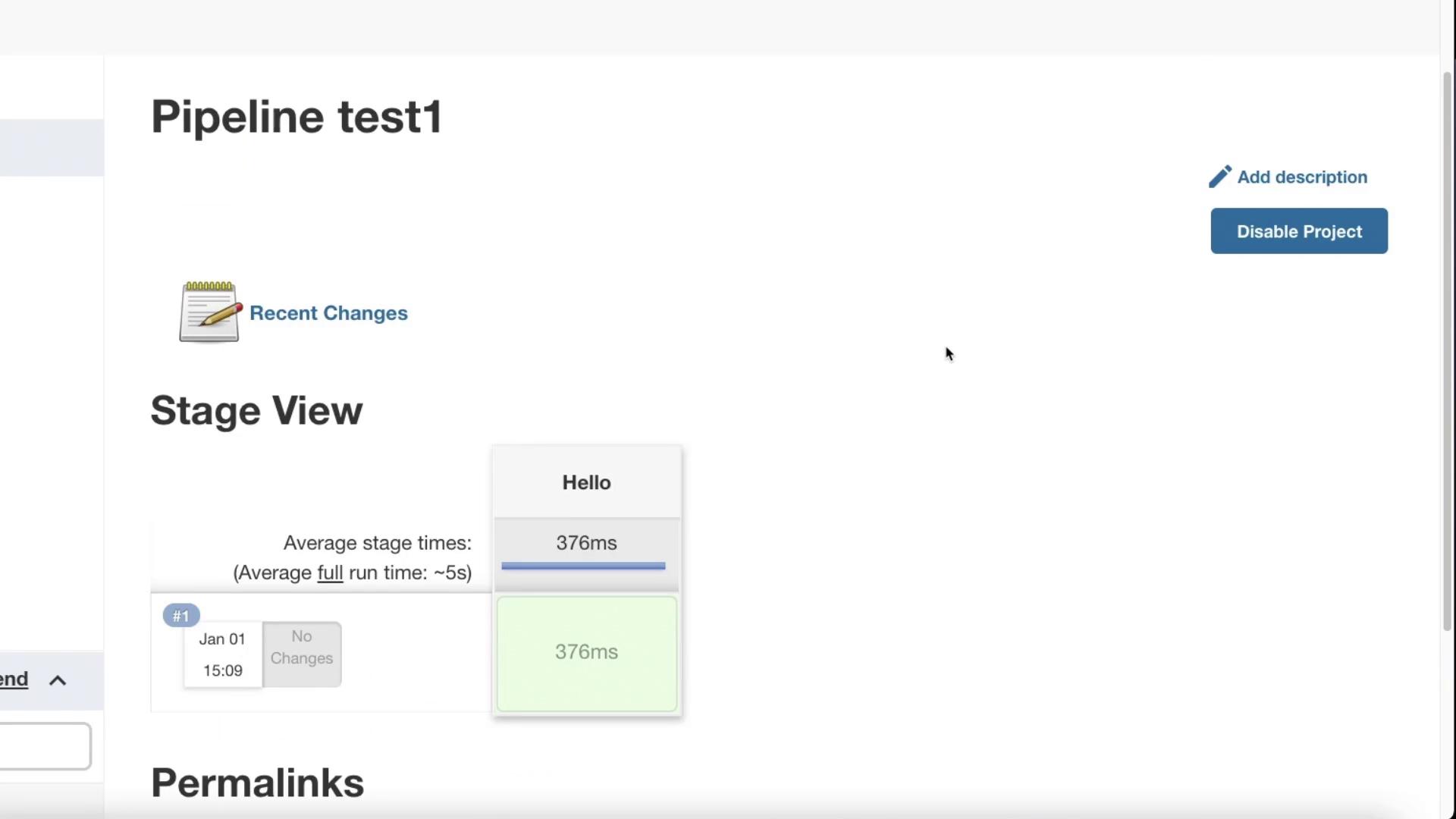 The image shows a pipeline test interface with stage view details, including average stage times and a "Hello" stage taking 376ms.