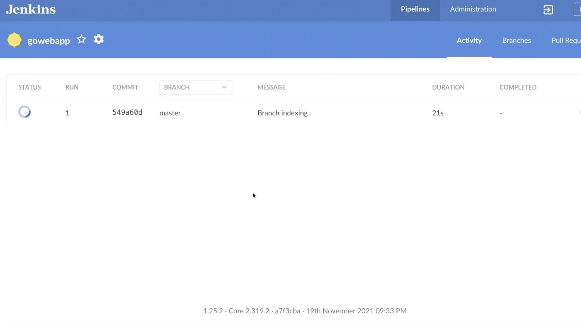 The image shows a Jenkins dashboard displaying a pipeline activity for "gowebapp," with a branch indexing process running for 21 seconds.