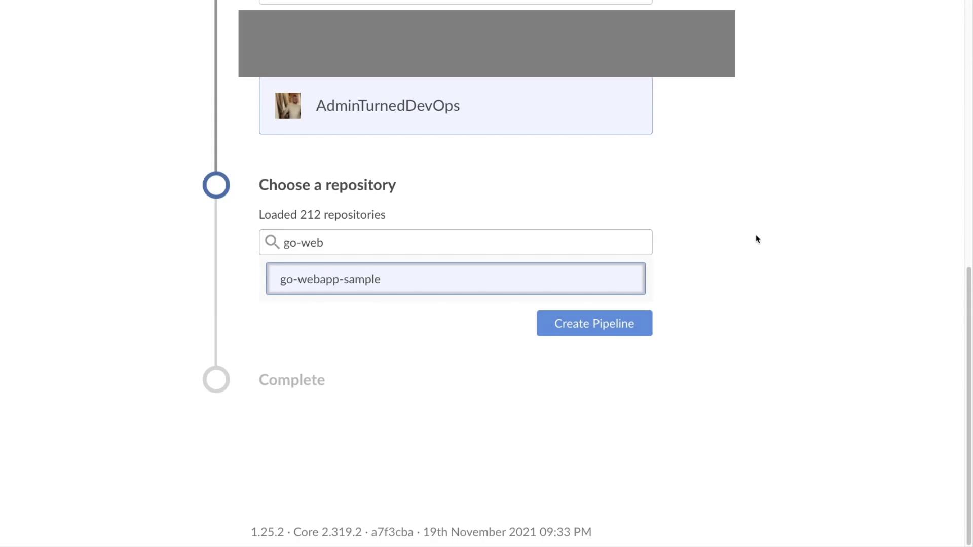 The image shows a software interface for selecting a repository named "go-webapp-sample" from a list to create a pipeline.