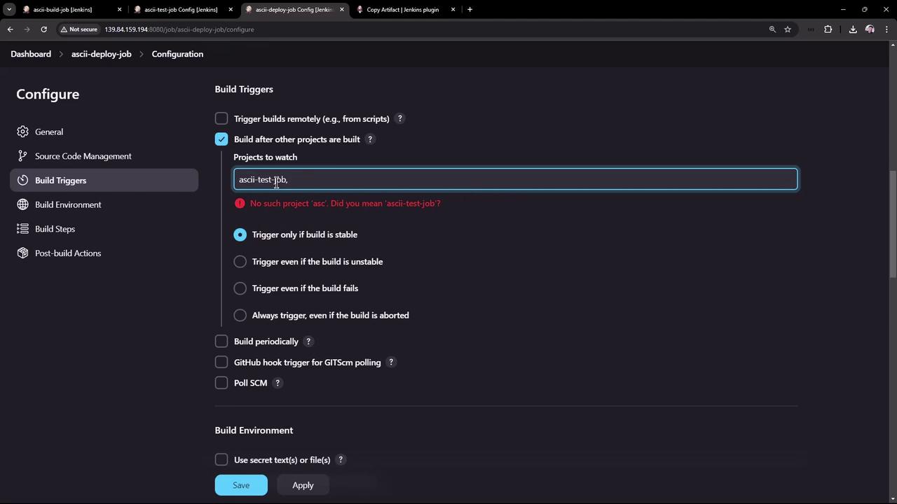 The image shows a Jenkins configuration screen for build triggers, where a project named "ascii-test-job" is being set to trigger builds after other projects are built. An error message indicates that there is no such project as "asc," suggesting "ascii-test-job" instead.