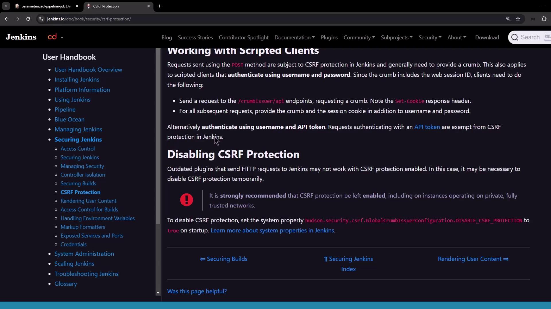 The image shows a webpage from the Jenkins User Handbook, specifically focusing on CSRF protection. It includes navigation links on the left and detailed instructions on working with scripted clients and disabling CSRF protection on the right.