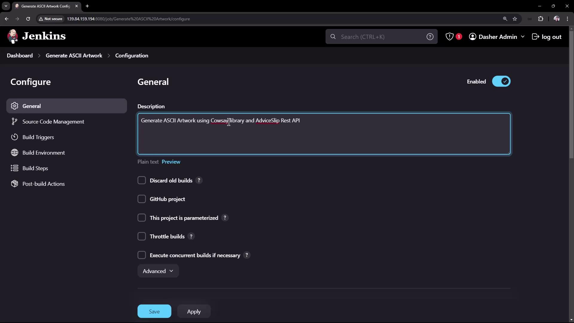 The image shows a Jenkins configuration screen for a project titled "Generate ASCII Artwork," with options for build settings and a description mentioning the Cowsay library and AdviceSlip Rest API.