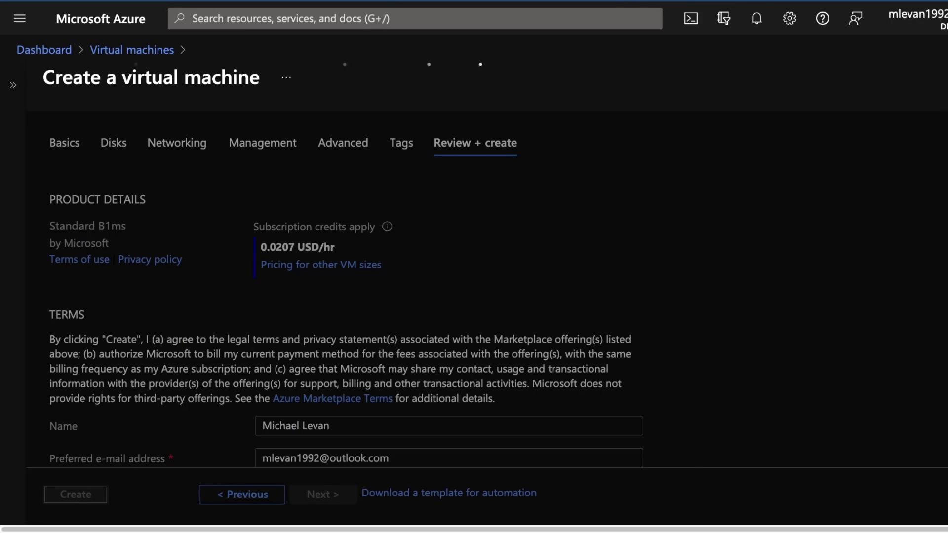 The image shows a Microsoft Azure interface for creating a virtual machine, displaying product details, terms, and user information fields.