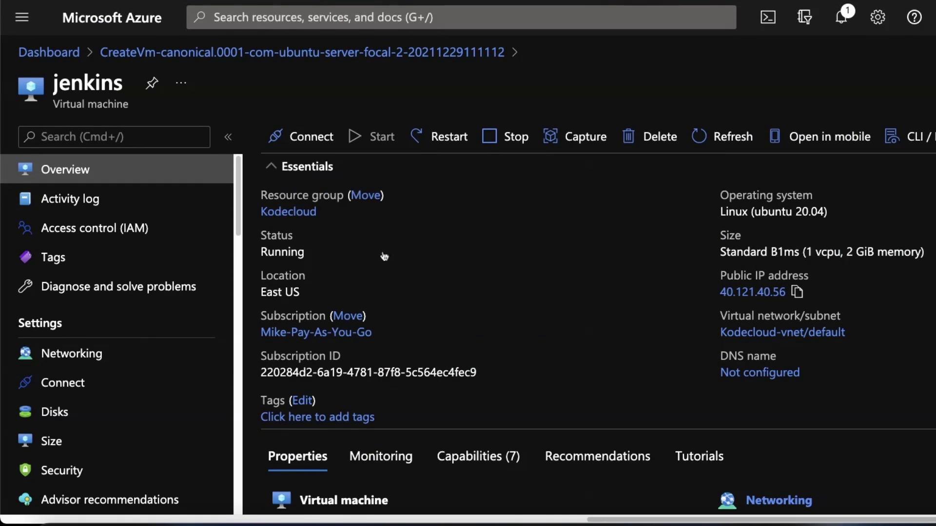 The image shows a Microsoft Azure dashboard for a virtual machine named "jenkins," displaying its status, location, operating system, and network details.