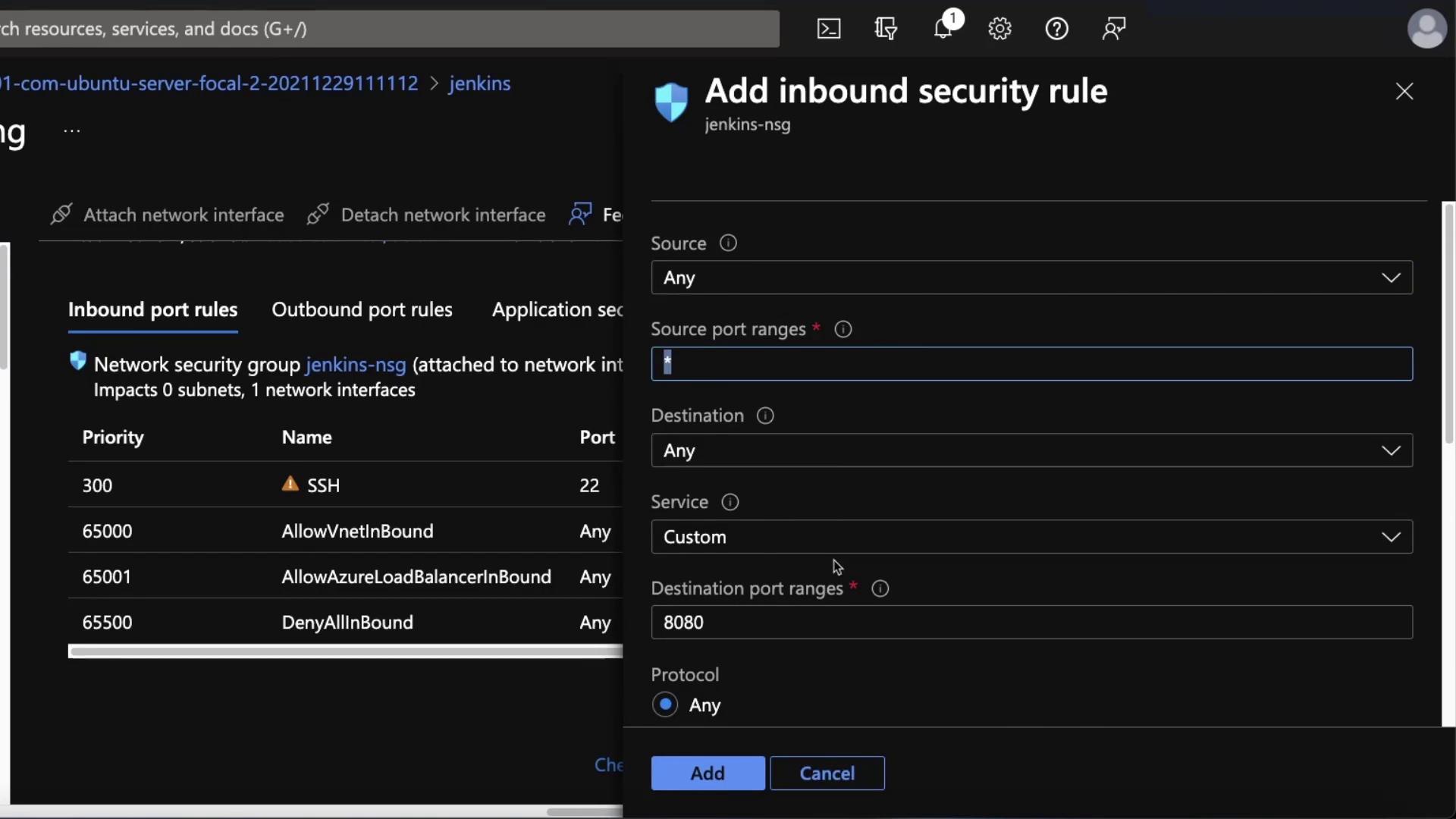 The image shows a network security group interface in Azure, where an inbound security rule is being added with specific port and protocol settings.