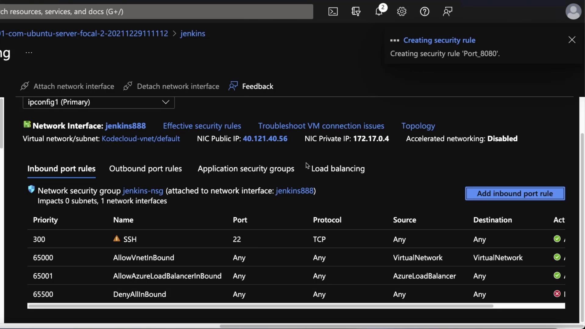 The image shows a network interface configuration in Azure, displaying inbound port rules for a security group, including SSH and various network allowances.