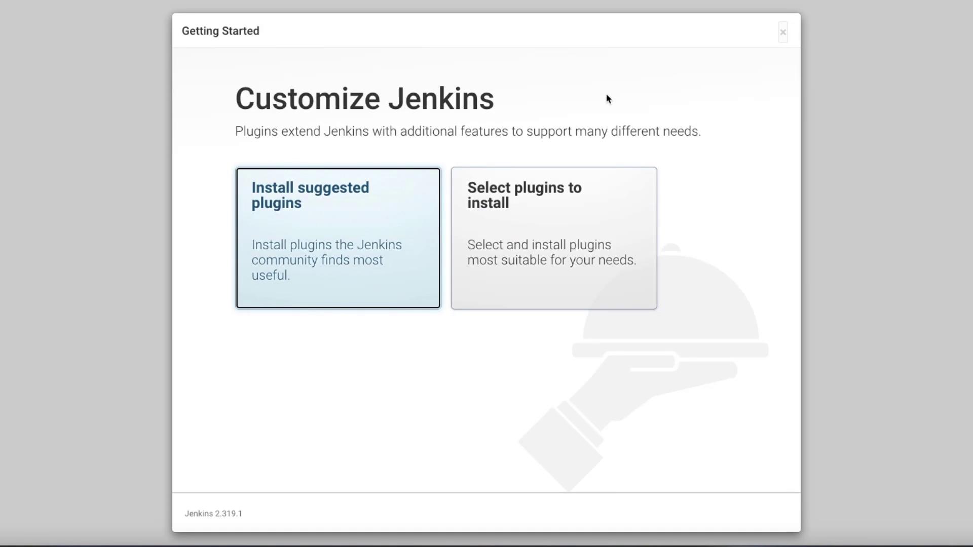 The image shows a Jenkins setup screen offering options to install suggested plugins or select specific plugins for installation.