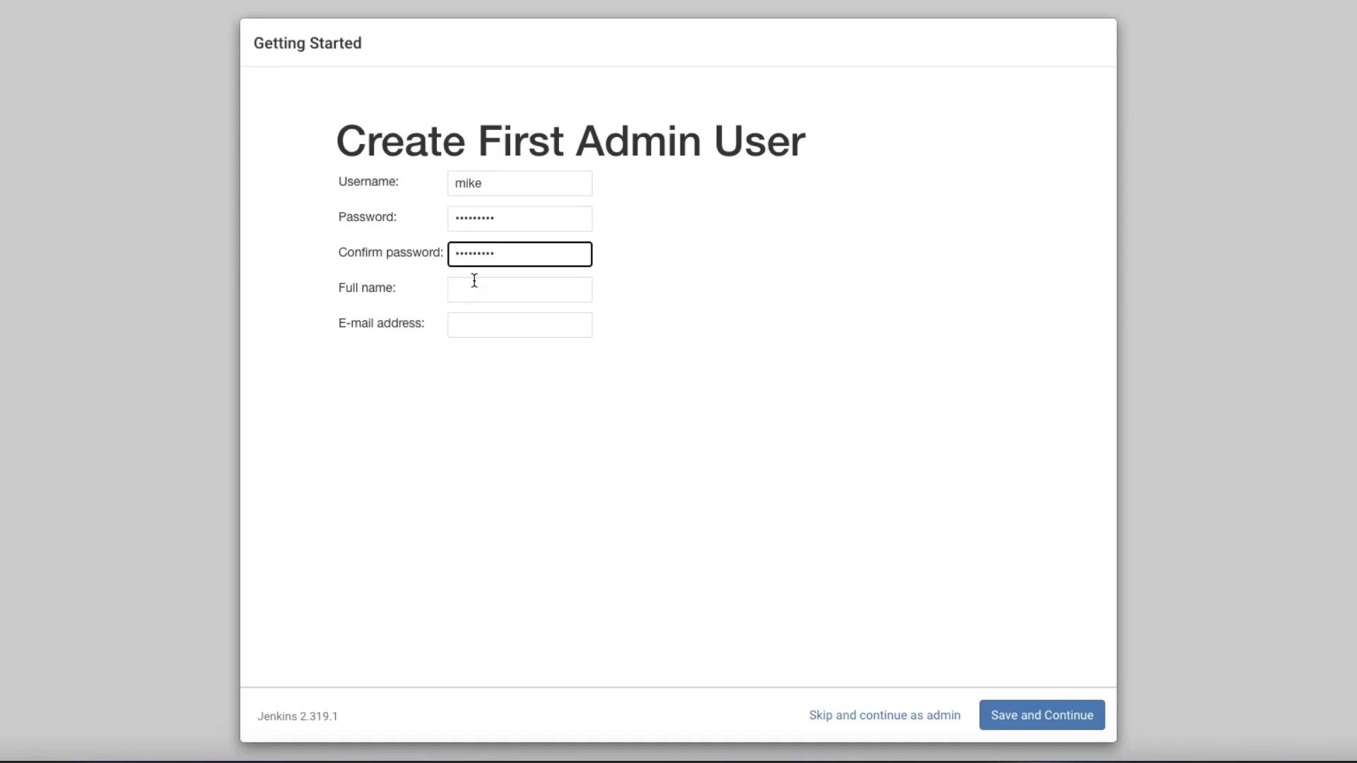 The image shows a form for creating the first admin user in Jenkins, requiring username, password, full name, and email address.