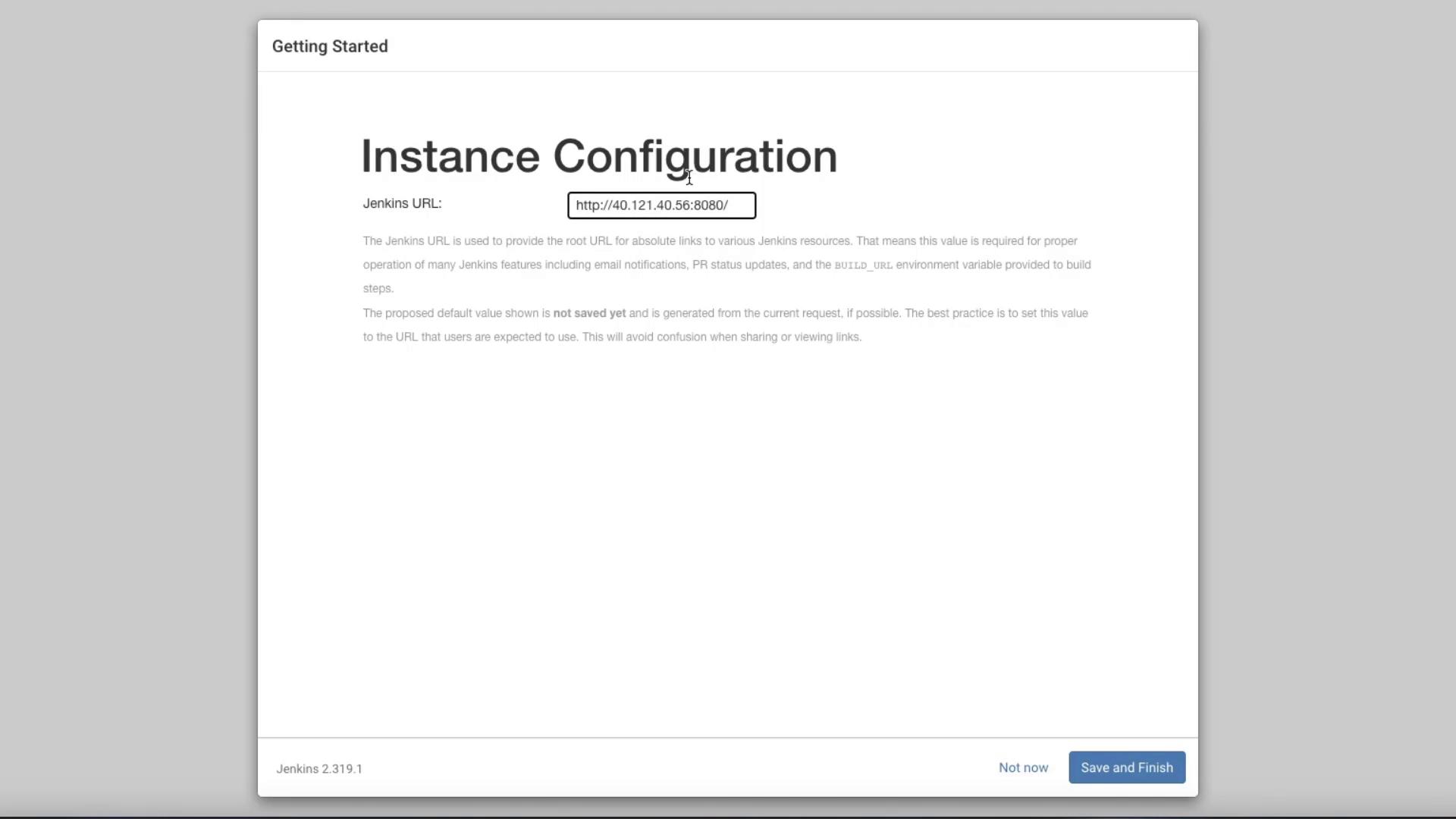 The image shows a Jenkins "Instance Configuration" setup screen with a URL and options to save or skip the configuration.
