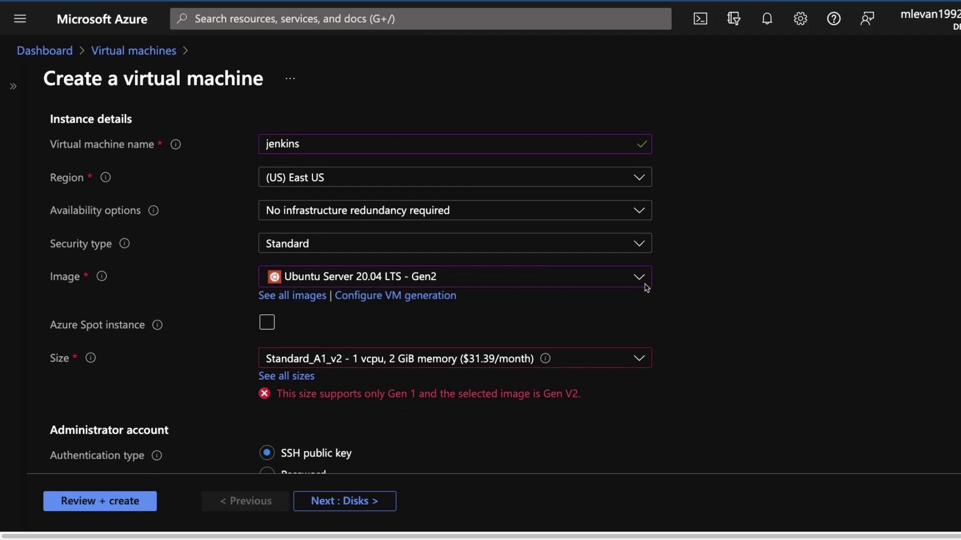 The image shows the Microsoft Azure interface for creating a virtual machine, with options for instance details, image selection, and authentication type.