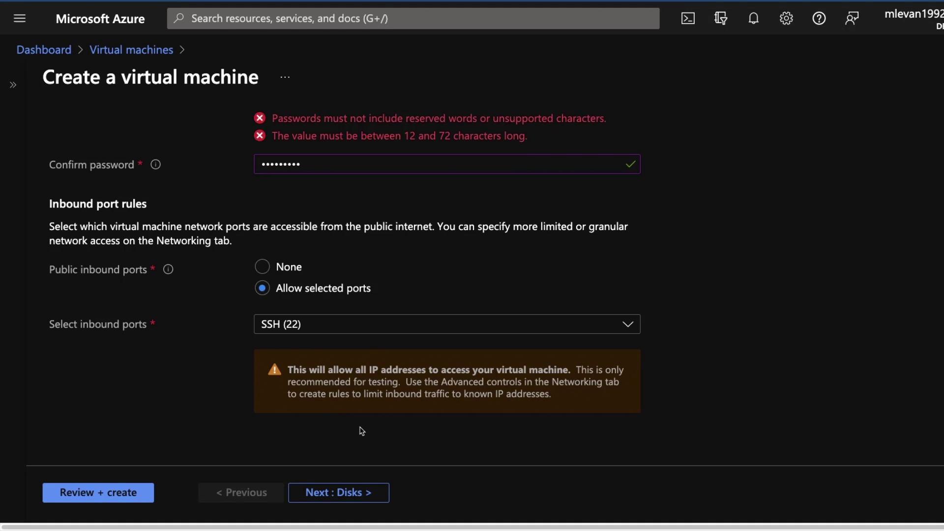 The image shows a Microsoft Azure interface for creating a virtual machine, highlighting password requirements and inbound port rules for SSH access.