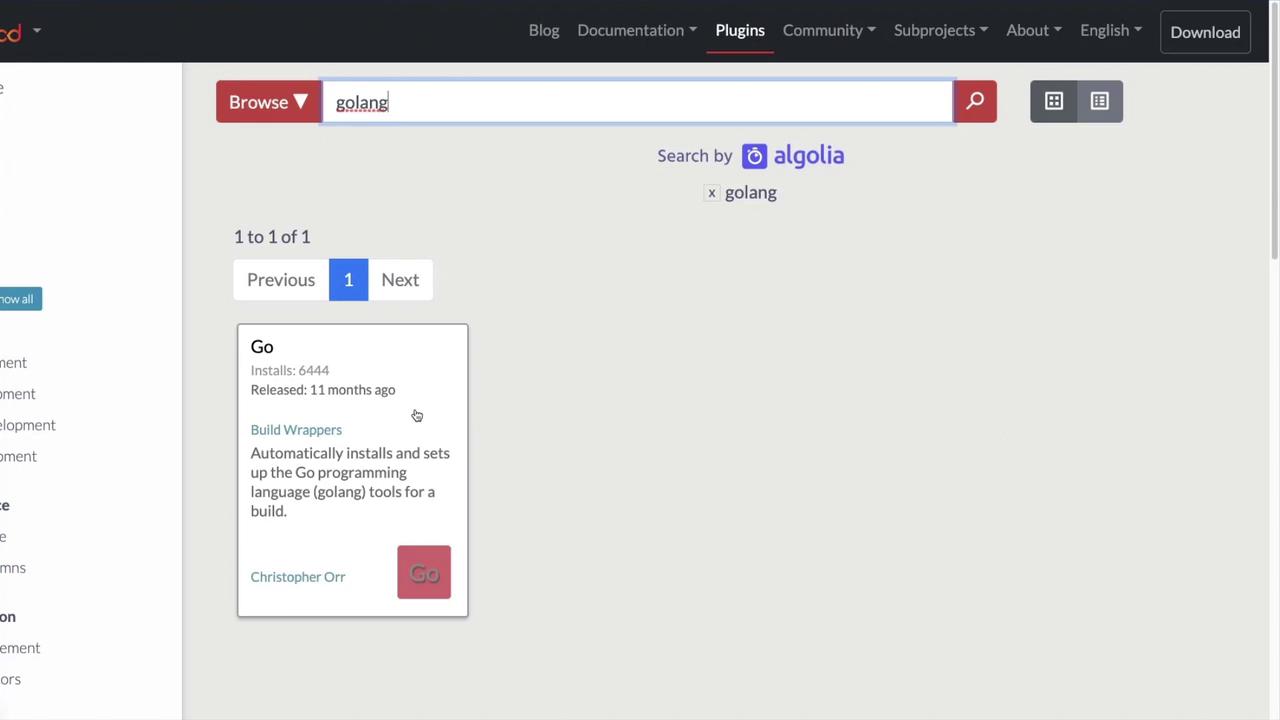 The image shows a plugin search result for "golang" with details about a Go programming language tool, including installs, release date, and a brief description.