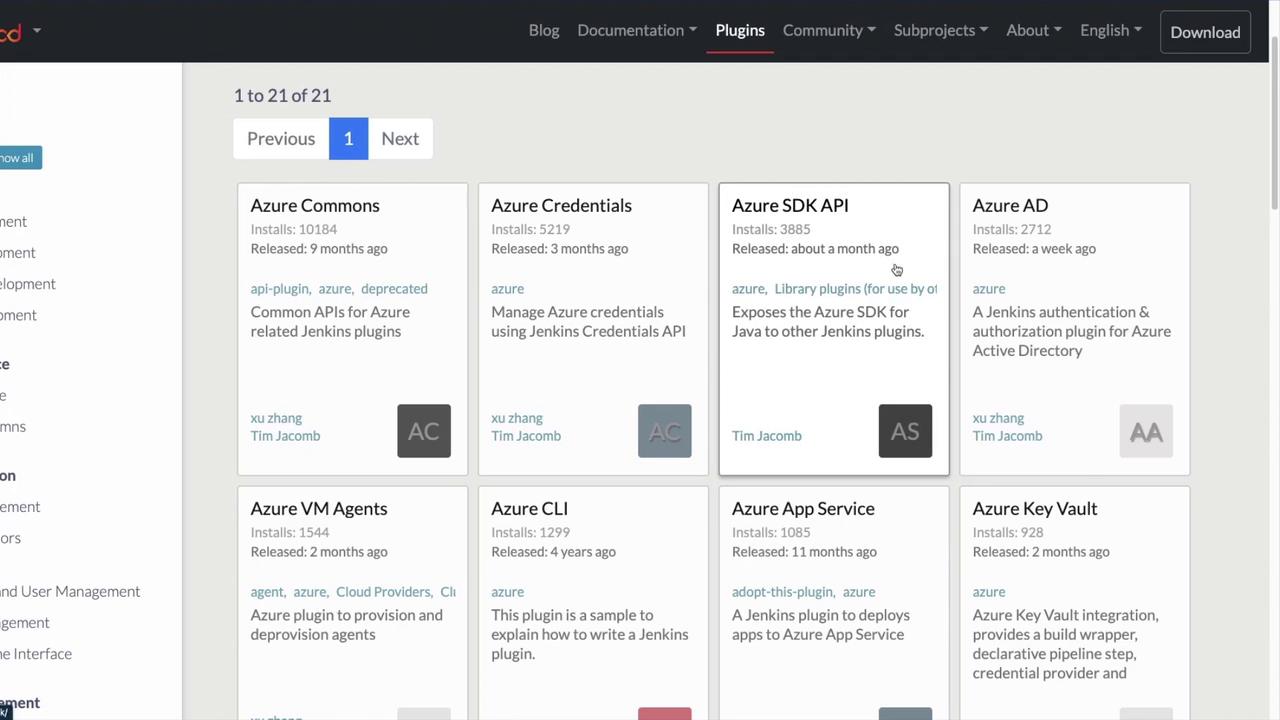 The image shows a webpage listing various Azure-related Jenkins plugins, including details like install counts, release dates, and brief descriptions.