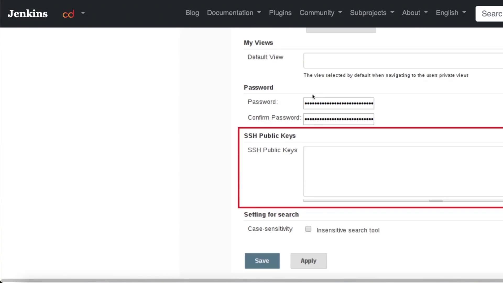 The image shows a Jenkins user settings page with fields for password, SSH public keys, and search settings, along with "Save" and "Apply" buttons.