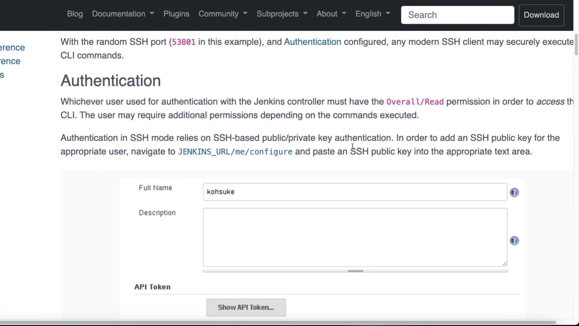 The image shows a Jenkins documentation page about SSH authentication, detailing user permissions and SSH key configuration, with a form for entering a full name and description.