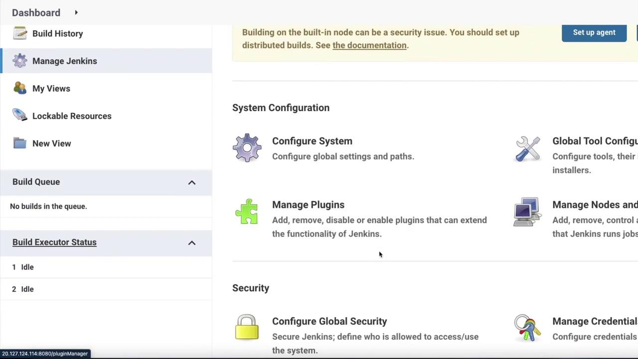 The image shows a Jenkins dashboard with options for managing Jenkins, configuring the system, plugins, security, and nodes. The build queue is empty.