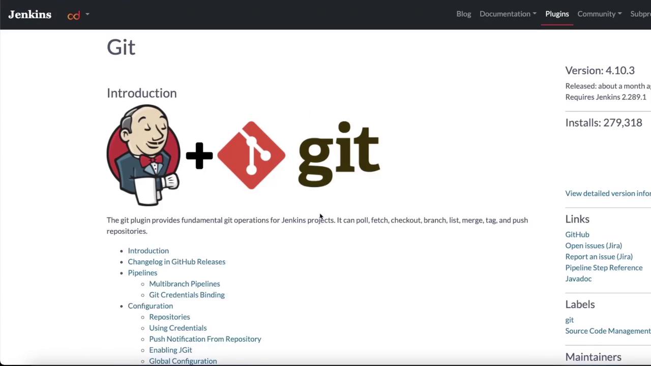 The image shows a Jenkins plugin page for Git, detailing its version, features, and links for further information and support.
