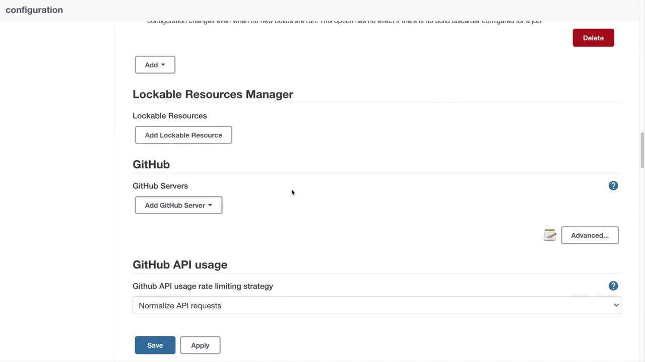 The image shows a configuration interface for managing lockable resources and GitHub settings, including options to add resources, servers, and set API usage strategies.
