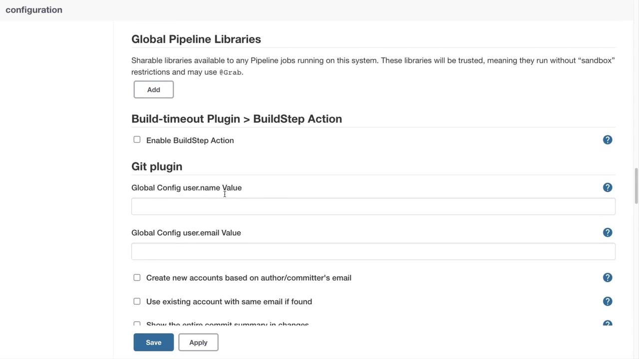 The image shows a configuration interface for setting up global pipeline libraries, build-timeout plugin, and Git plugin options, including user name and email configurations.