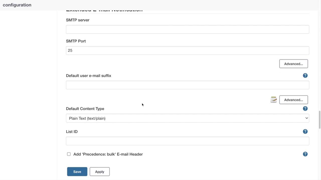 The image shows an email configuration interface with fields for SMTP server, port, email suffix, content type, and list ID, along with save and apply buttons.