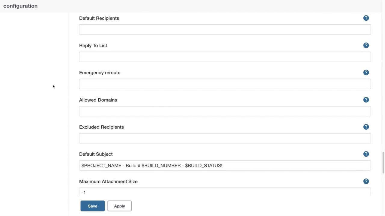 The image shows a configuration settings page with fields for email recipients, domains, subject, and attachment size, along with "Save" and "Apply" buttons.