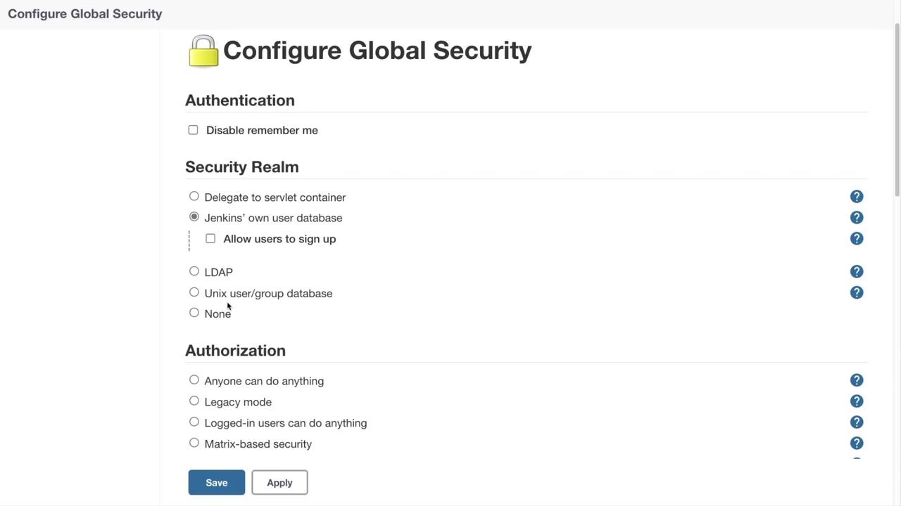 The image shows a "Configure Global Security" settings page for Jenkins, detailing authentication, security realm, and authorization options with save and apply buttons.