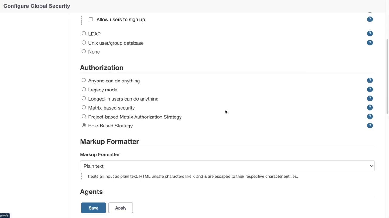 The image shows a configuration screen for global security settings, including user sign-up options, authorization strategies, and markup formatter settings, with "Role-Based Strategy" selected.