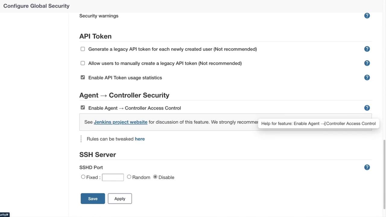 The image shows a Jenkins "Configure Global Security" settings page, including options for API Token, Agent to Controller Security, and SSH Server configurations.