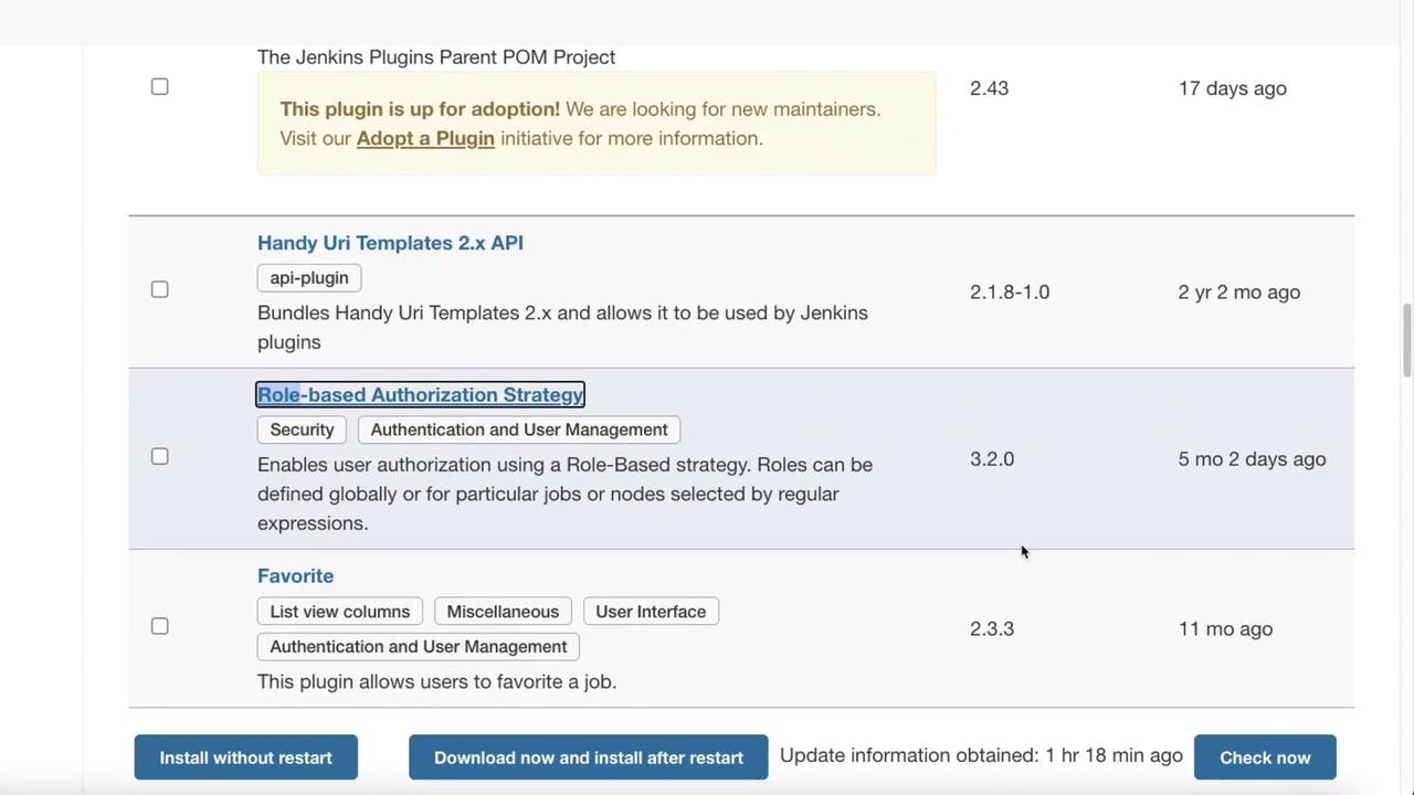 The image shows a list of Jenkins plugins with details like version, description, and update information, including options to install or download them.