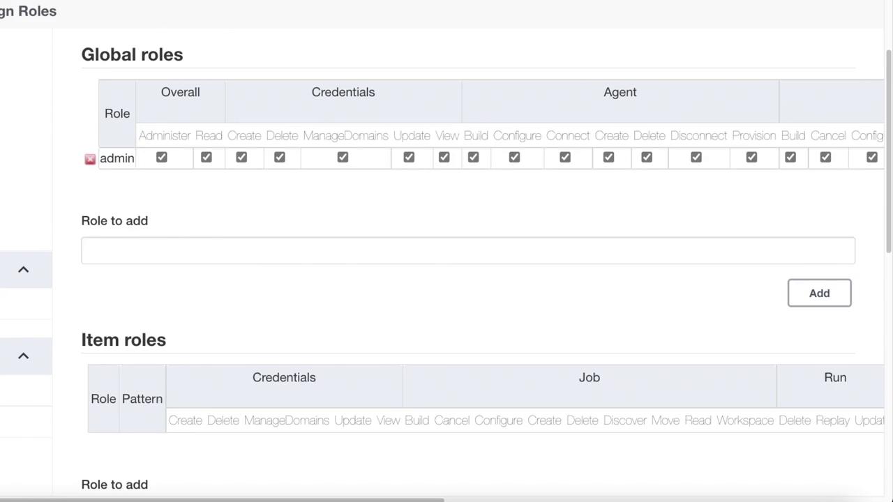 The image shows a user interface for assigning global and item roles, with an "admin" role having various permissions checked.