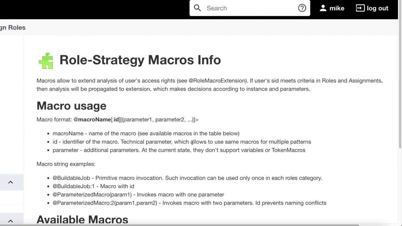 The image is a webpage detailing "Role-Strategy Macros Info," explaining macro usage, format, and examples for extending user access analysis.