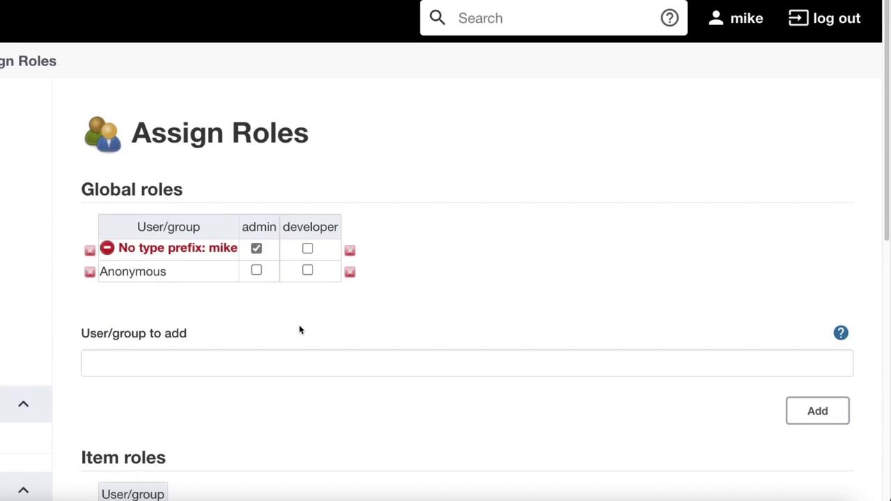 The image shows a user interface for assigning roles, with "mike" assigned as an admin and options to add more users or groups.
