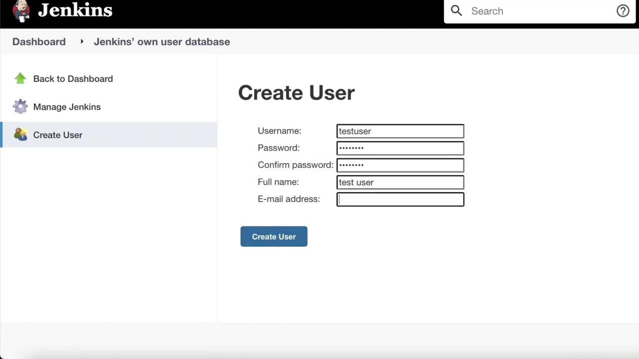 The image shows a Jenkins interface for creating a user, with fields for username, password, full name, and email address, and a "Create User" button.