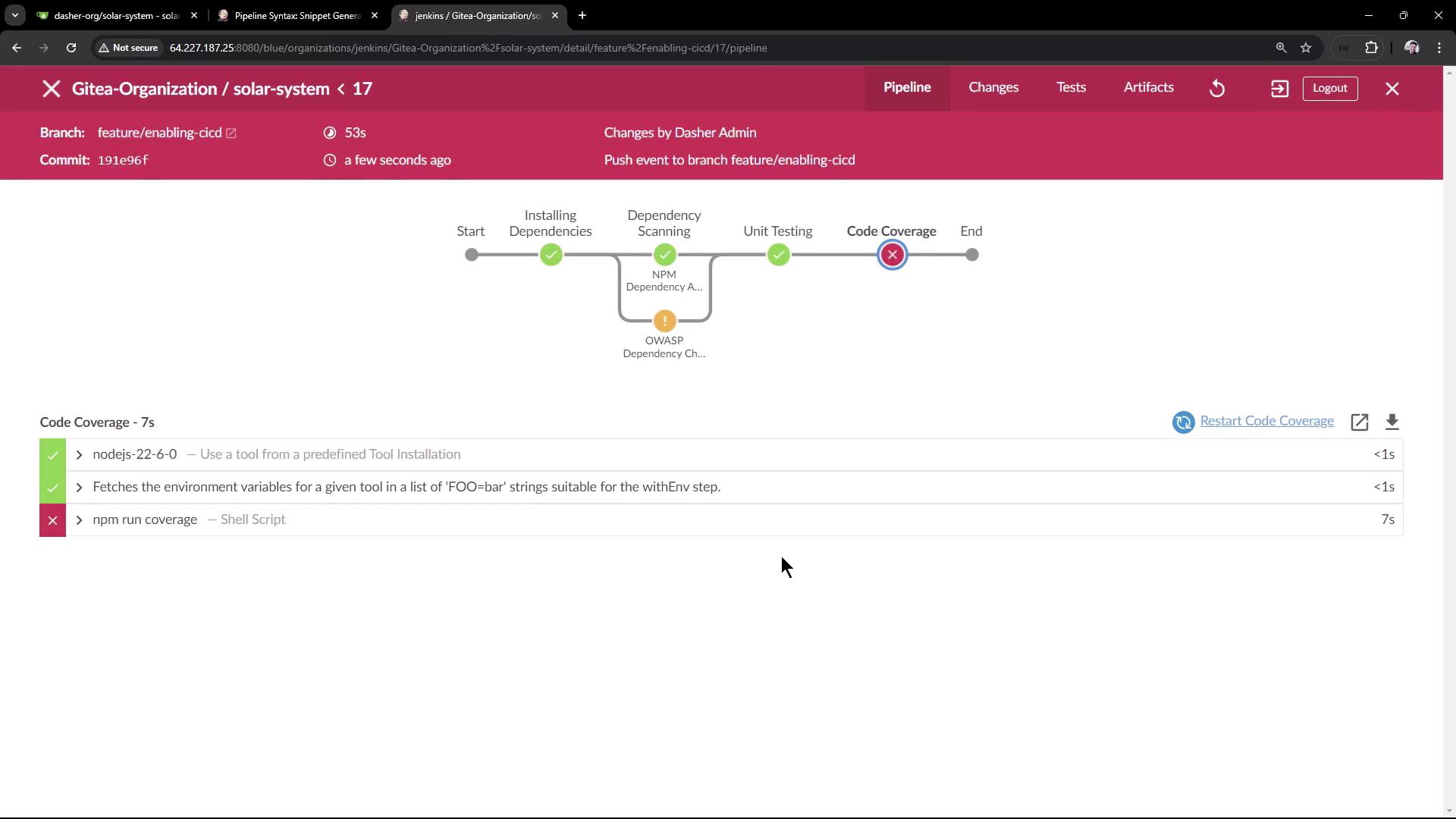 The image shows a Jenkins pipeline interface for a project named "solar-system" with a failed code coverage step. The pipeline includes stages like installing dependencies, dependency scanning, unit testing, and code coverage.