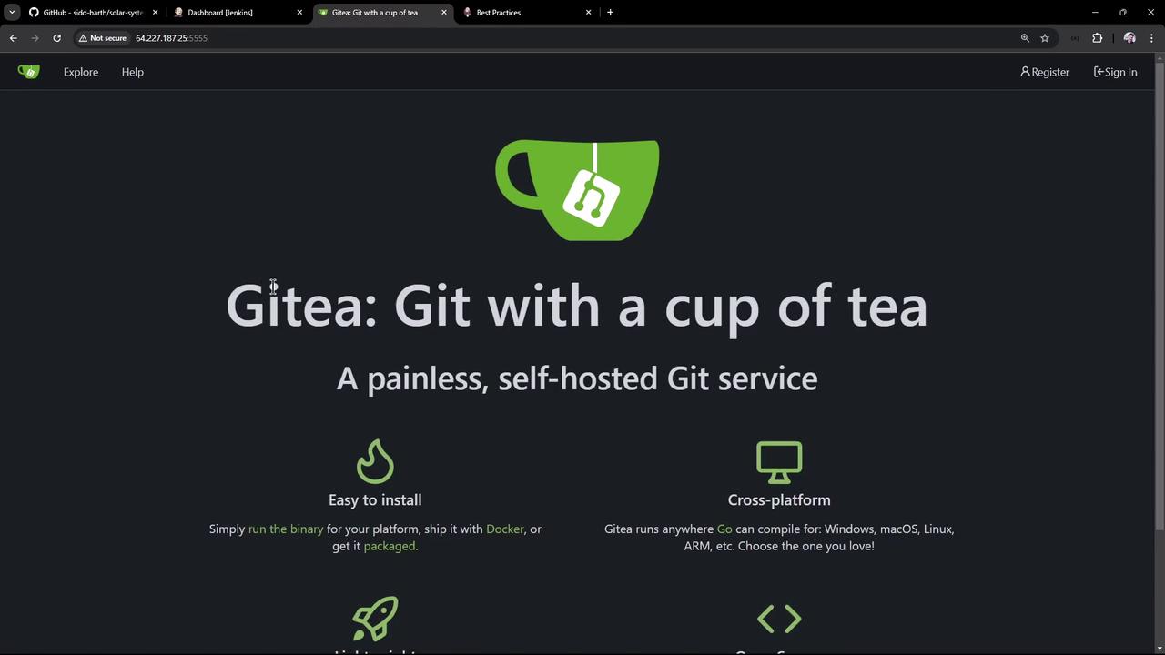 The image shows a webpage for Gitea, a self-hosted Git service, with the tagline "Git with a cup of tea." It highlights features like easy installation and cross-platform compatibility.