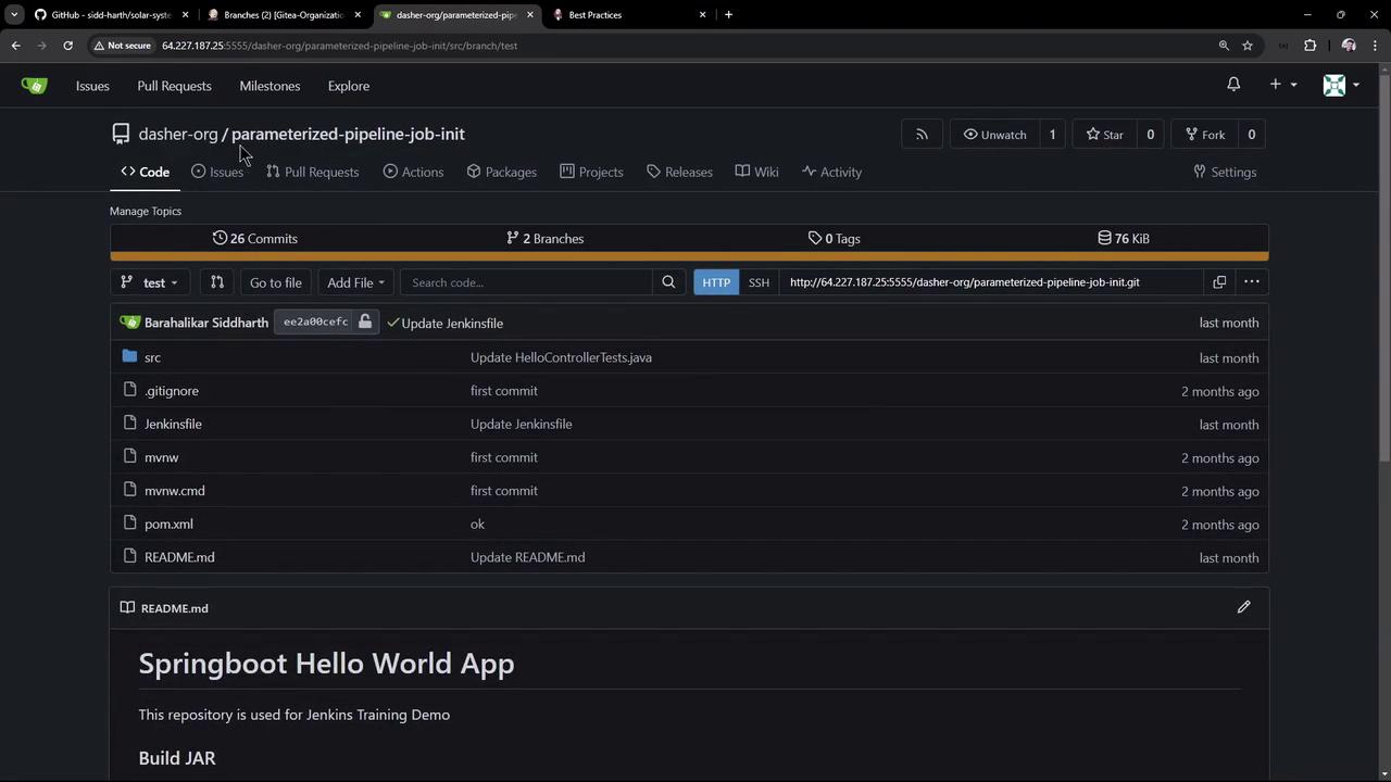 The image shows a GitHub repository interface for a project named "parameterized-pipeline-job-init," featuring files like `.gitignore`, `Jenkinsfile`, and `pom.xml`, with a README section titled "Springboot Hello World App."
