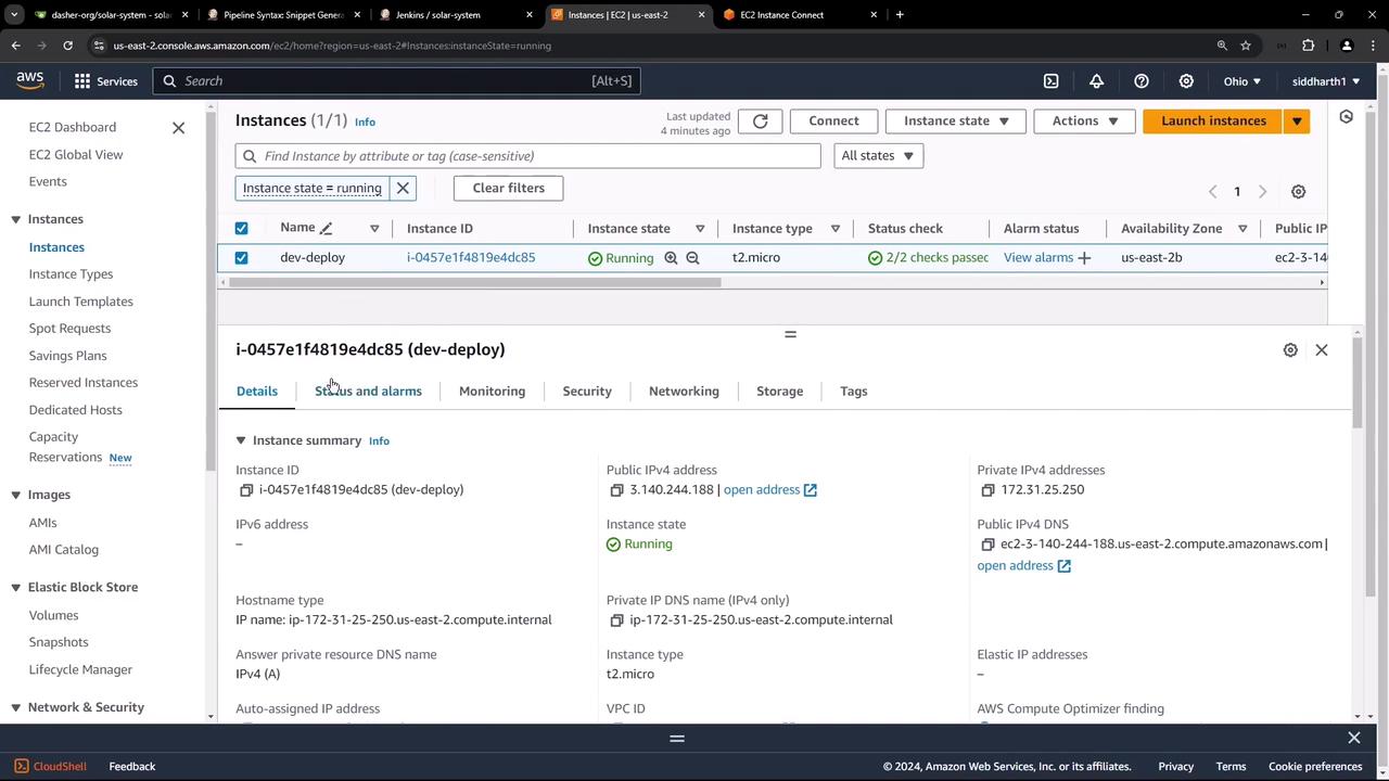 The image shows an AWS EC2 console displaying details of a running instance named "dev-deploy" with instance ID "i-0457e1f4819e4dc85". It includes information such as the instance type (t2.micro), public and private IP addresses, and status checks.