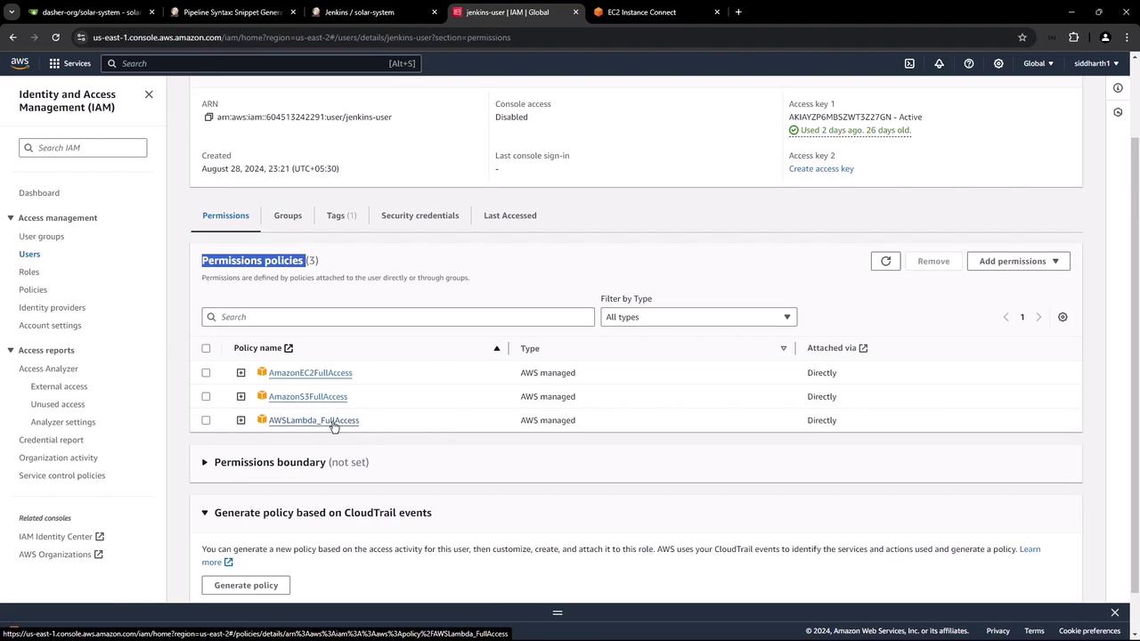 The image shows an AWS Identity and Access Management (IAM) console screen for a user named "jenkins-user," displaying their permissions policies, which include AmazonEC2FullAccess, AmazonS3FullAccess, and AWSLambda_FullAccess.