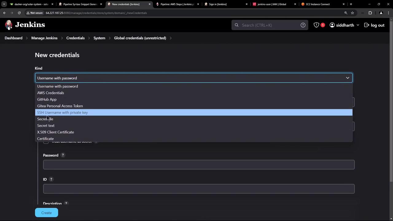 The image shows a Jenkins interface where a user is adding new credentials, with options like "Username with password" and "SSH Username with private key" visible in a dropdown menu.