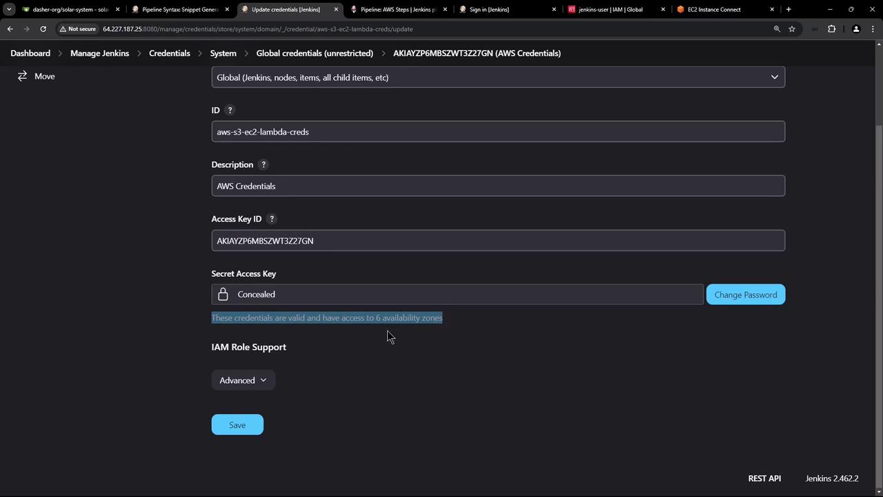 The image shows a Jenkins interface displaying AWS credentials, including an Access Key ID and a concealed Secret Access Key, with options for managing these credentials.