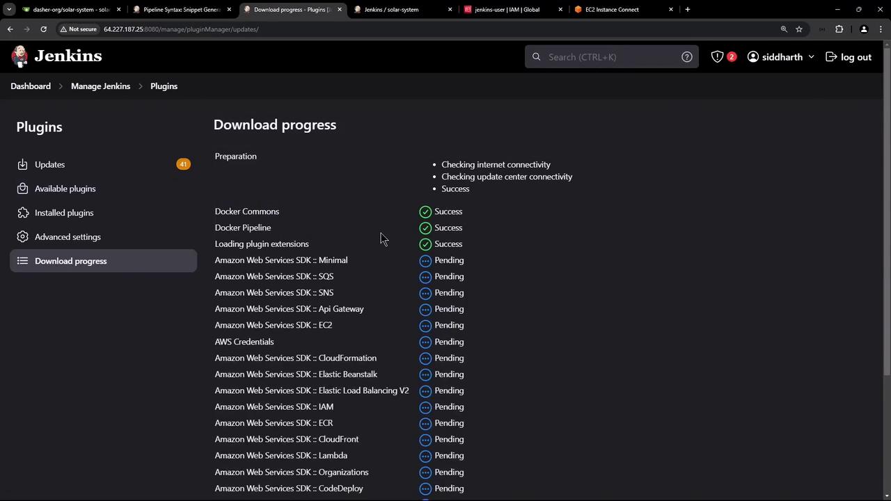 The image shows a Jenkins interface displaying the download progress of various plugins, with some marked as "Success" and others as "Pending." The left sidebar includes options like Updates, Available plugins, Installed plugins, and Download progress.