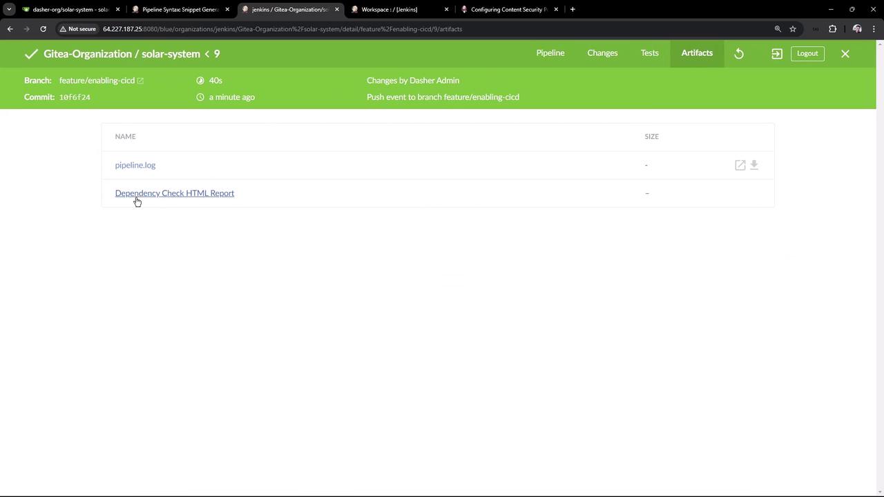 The image shows a Jenkins interface displaying artifacts for a project named "solar-system" under the "Gitea-Organization." It lists a pipeline log and a dependency check HTML report.