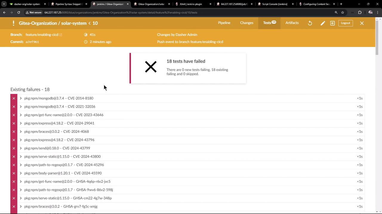 The image shows a Jenkins test results page indicating that 18 tests have failed, with a list of existing failures related to various npm packages and CVE identifiers.