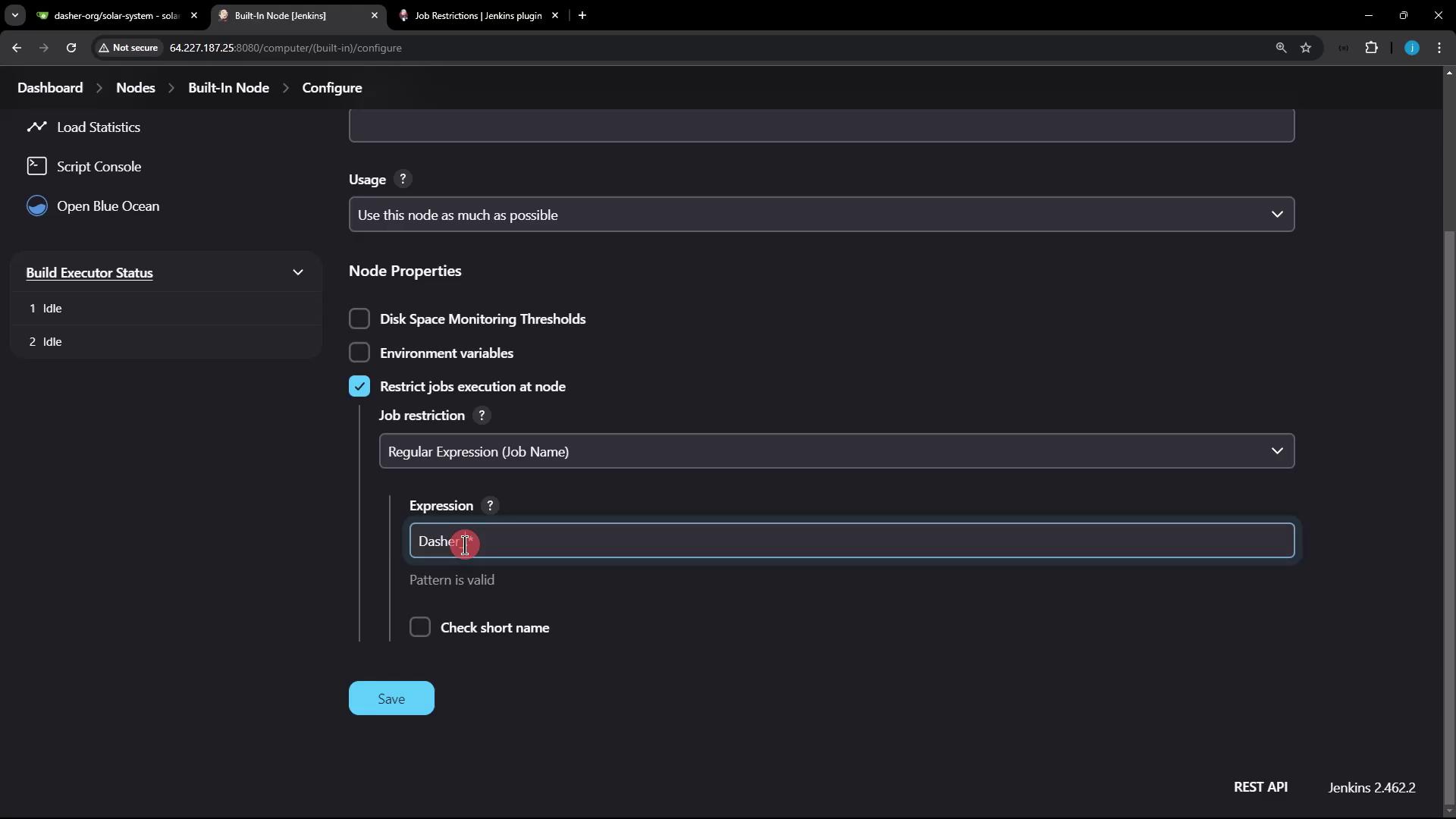 The image shows a Jenkins configuration screen for a built-in node, with options for usage, node properties, and job restrictions using a regular expression. The "Restrict jobs execution at node" option is checked, and a regular expression is being entered.