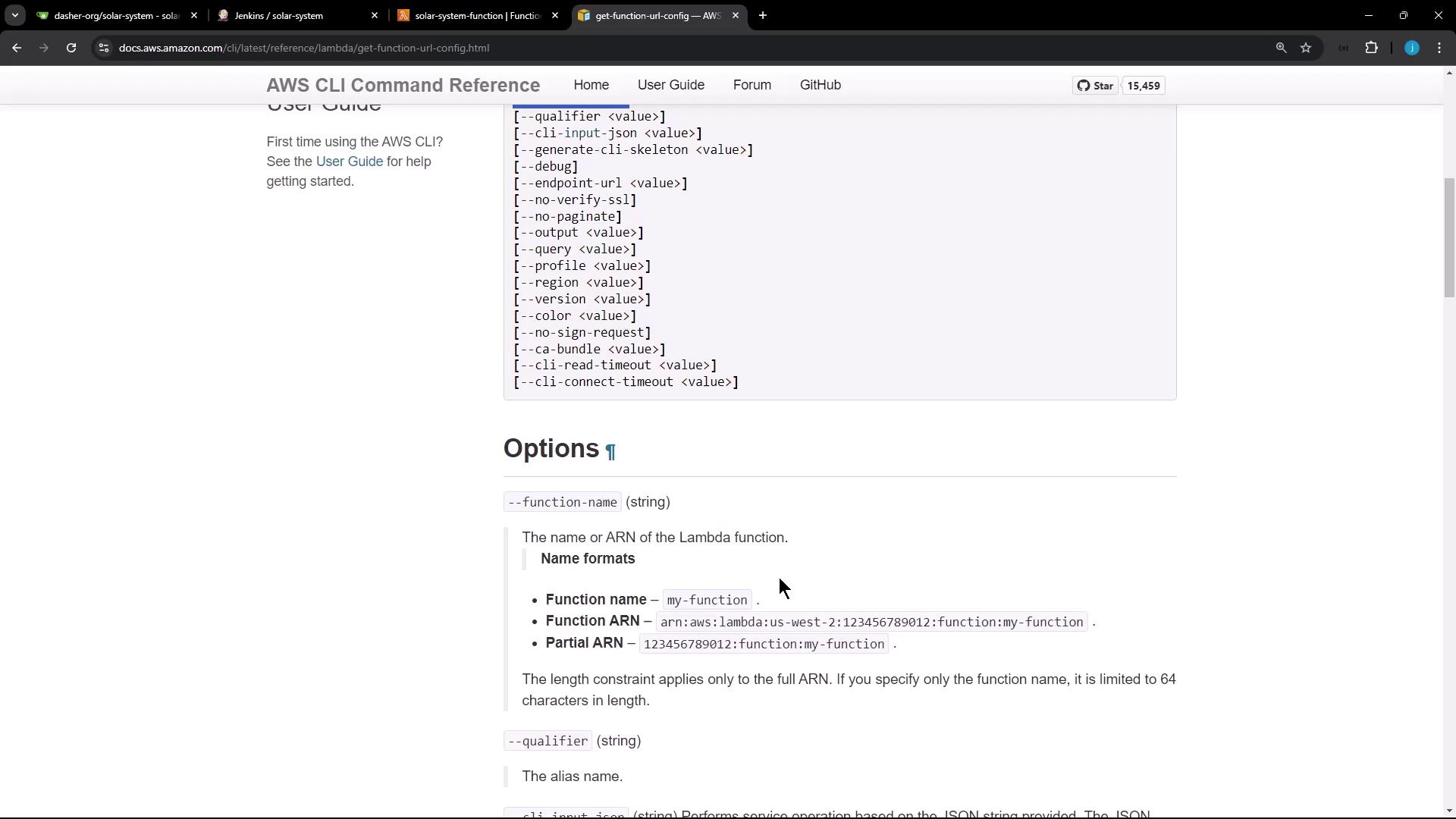 The image shows a webpage from the AWS CLI Command Reference, specifically detailing options for the `get-function-url-config` command related to AWS Lambda functions.