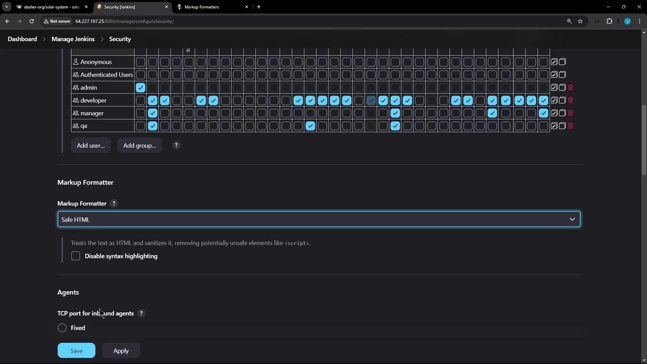 The image shows a Jenkins security configuration screen with user roles and permissions, and options for markup formatting and agent settings.