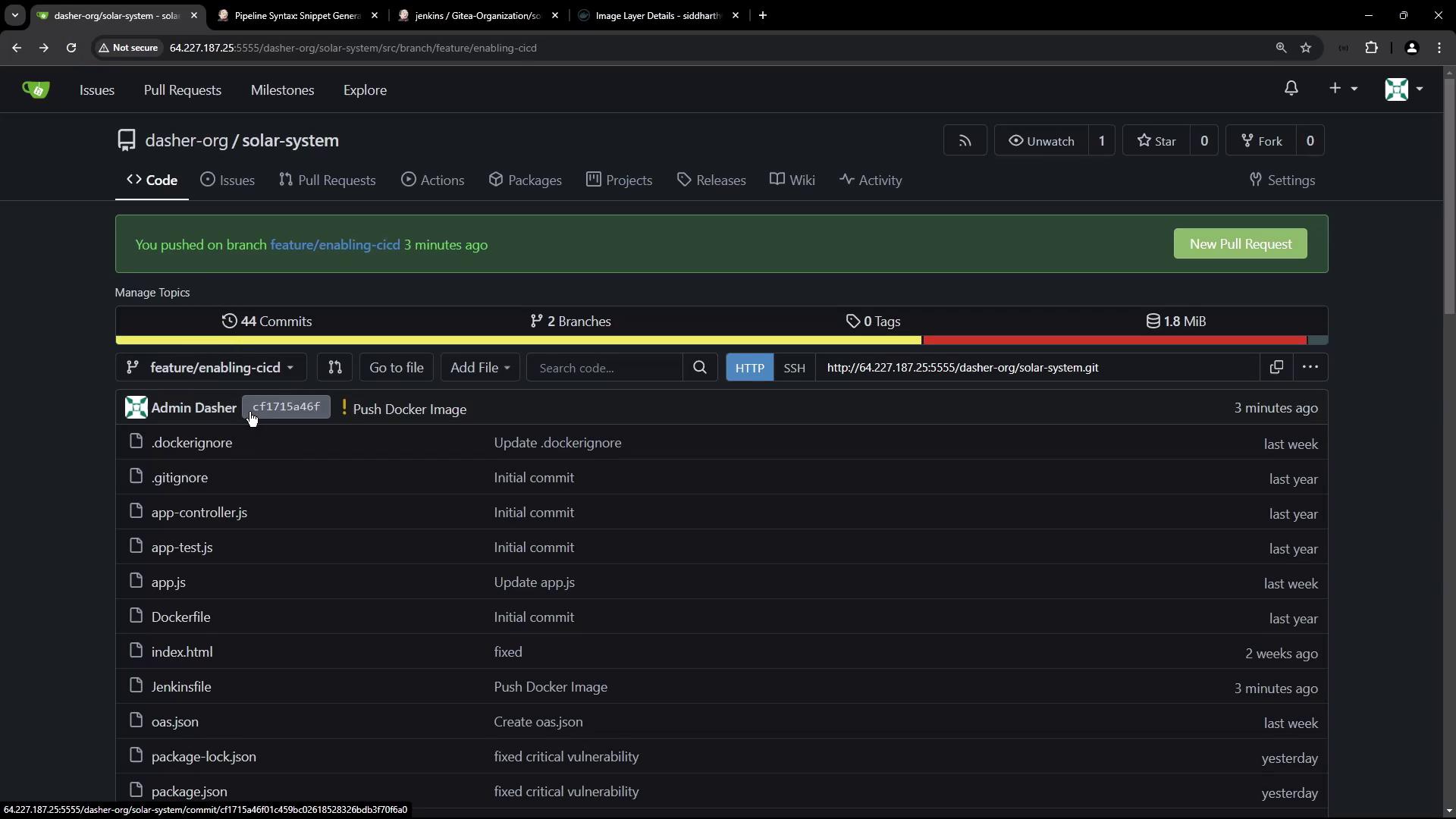 The image shows a code repository interface with a list of files and recent commits. It highlights a branch named "feature/enabling-cicd" with a recent commit titled "Push Docker Image."