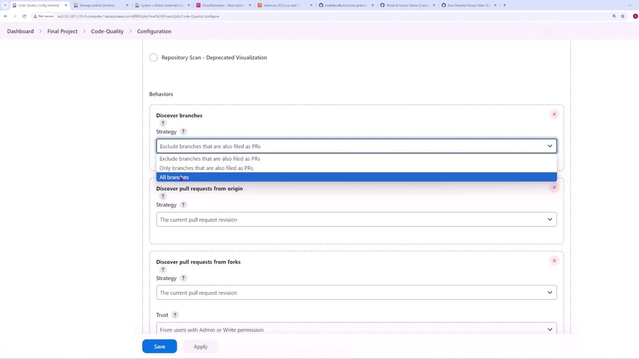 The image shows a configuration screen for a code quality tool, with options for discovering branches and pull requests. A dropdown menu is open, displaying branch discovery strategies.