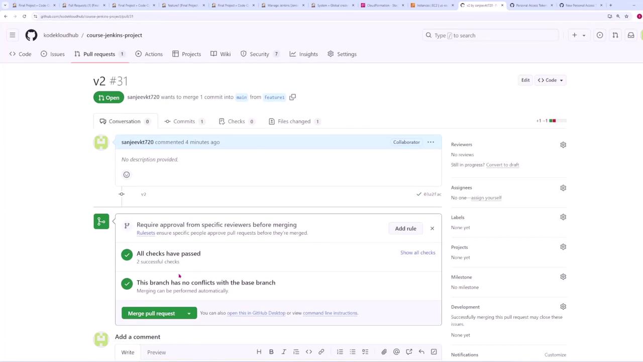 The image shows a GitHub pull request page for a project named "course-jenkins-project." The pull request is open, with all checks passed and no conflicts with the base branch.