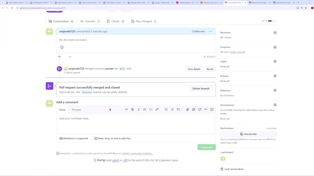 The image shows a GitHub pull request page where a pull request has been successfully merged and closed. There are options to add a comment and delete the branch, with various details about the pull request visible.